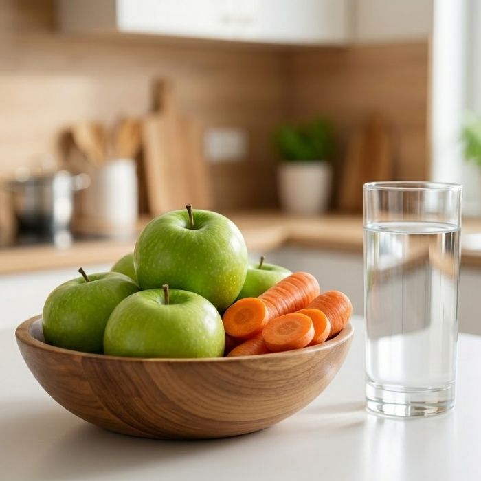 apple carrots and water glass