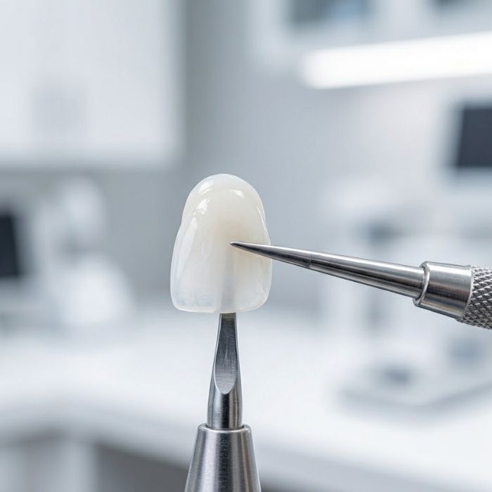 A detailed view of a porcelain veneer used in cosmetic dentistry.
