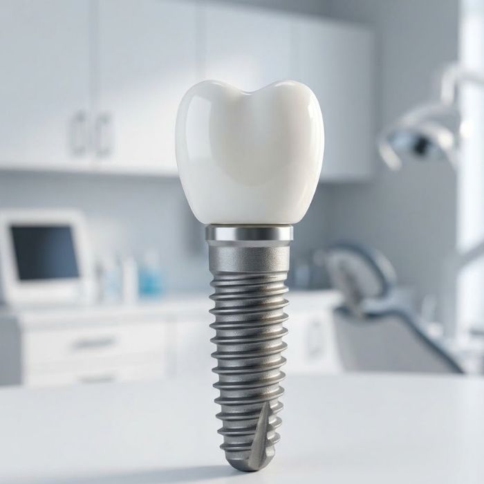 Realistic model showing a dental implant and crown for tooth restoration.