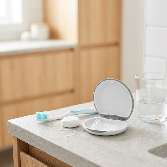 Dental hygiene tools and an Invisalign case on a clean surface.
