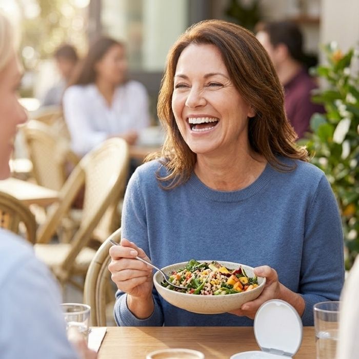 A happy person eating and laughing at a cafe with a confident smile.