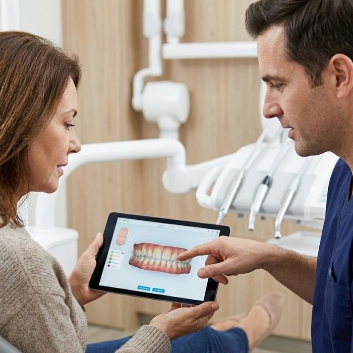 A dentist showing a 3D digital dental scan to a patient on a tablet.